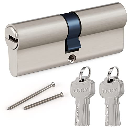 Hengsong Lock Profile Cylinder 40/40 With 8 Keys, Double Lock for All Types of Doors, Made of Zinc Alloy, Metal Silver Knob