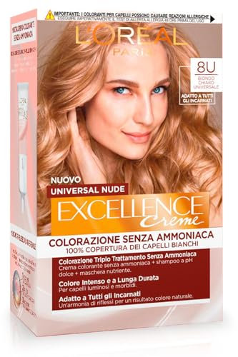 L’Oréal Paris Colorazione Excellence Universal Nude, Senza Ammoniaca, Con Riflesso Universale, Colore Intenso a Lunga Tenuta, Biondo Chiaro 8u