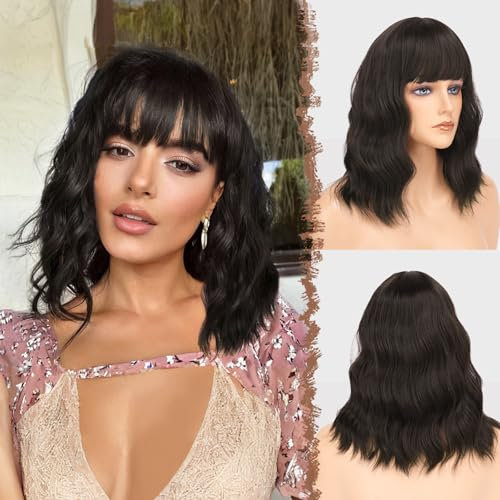 FESHFEN Pelucas Negro Marrón Ondulado con Flequillo para Mujer, 35 cm Peluca Bob Rizado Corta Sintética Pelucas de Cabello Parte Media Longitud del Hombro de Fiesta