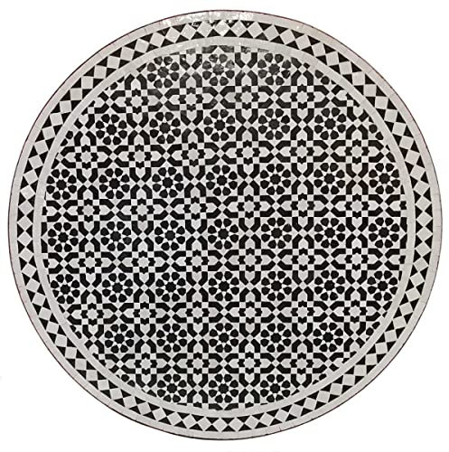 Casa Moro Marokkanischer Mosaiktisch D100 schwarz weiß glasiert rund mit Schmiedeeisen Gestell | Kunsthandwerk aus Marokko | Boho Chic Mosaik Gartentisch Esstisch | MT2218