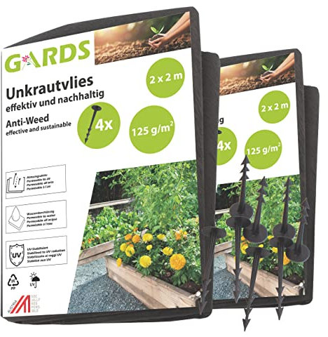 Gards Unkrautvlies Sandkastenvlies 8m², inkl. Erdanker, mega reißfest, wasserdurchlässig, Made in Austria, stark, 2x2 Meter, 125g/m², 2er Set, schwarz