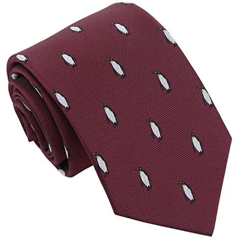 DQT Corbata clásica con estampado de pájaro bordado para hombre, Borgoña pingüino, Taille unique