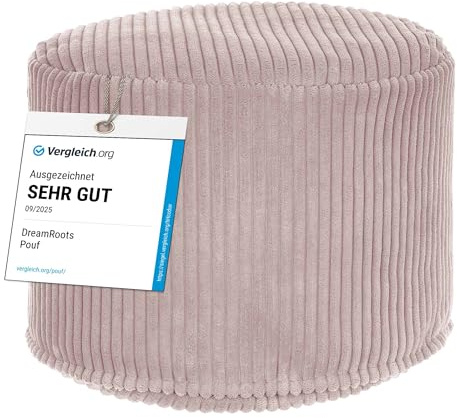 DreamRoots Cord Pouf Hocker rund 50x50x35 cm, Silver Pink