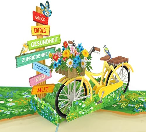 papercrush® Pop-Up Karte Gute Wünsche - 3D Geburtstagskarte mit Fahrrad & Blumen für Frau (Mama, Freundin), Abschiedskarte, Dankeskarte, Genesungskarte, Mutmacherkarte bei Krankheit, Alles Gute Karte