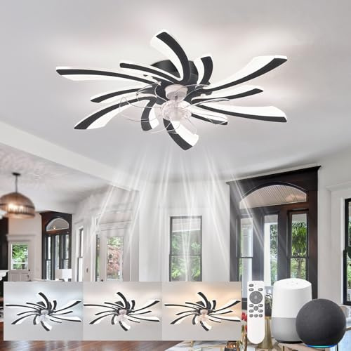 KeLuKes Silent Ceiling Fans with Lights Compatible with Alexa and Google Assistant, 78cm Bedroom Ceiling Fan with Lamp, Dc Motor, Timer Memory Function Reversible Dimmable Ceiling Fan Light, Black