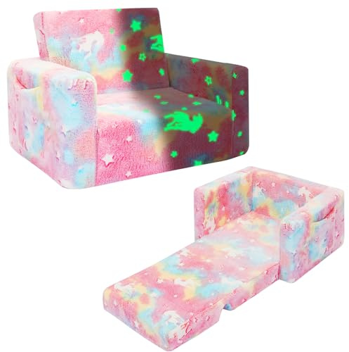 SLIGUY Toddler Couch, Kids Convertible Sofa to Lounger Pull Out Couch, Glow in the Dark Sofa Chair Gifts for Boys and Girls (Pink Unicorn)