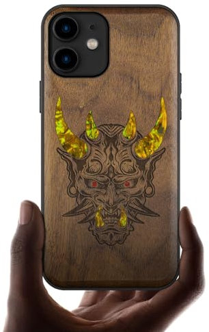 Carveit Coque Compatible avec iPhone 11 Étui en Bois Cover [Gravure en Bois et Incrustation de Coquille] Case pour 11 Coque Premium (Noyer-Masque Japonais Oni)