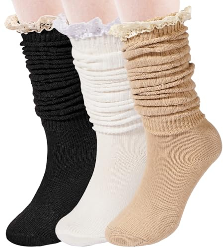 Moon Wood 3 Pairs Slouch Socks for Women, Ruffle Frilly Turn Cuff Socks, Vintage Knit Scrunch Knee High Boot Socks Size 5-11