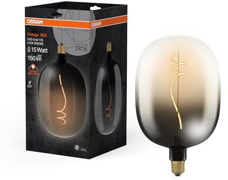 OSRAM Vintage 1906 Big Oval est une à filament blanc chaud avec une forme d'ampouspéciale. Il offre 4,5 W pour 150 lm,E27, design fumé, diamètre 170 mm, CRI 80, 1800 K.