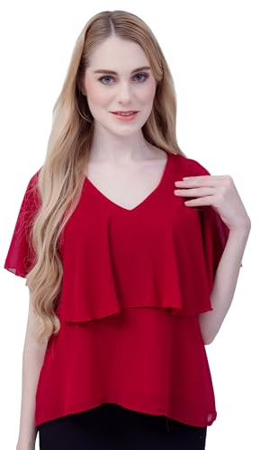 Chiffong amningsblus med dragkedja, V-ringad, festlig, elegant, röd, En Storlek