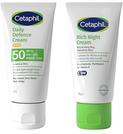 Cetaphil SPF 50 Day Cream 50g + Night Face Moisturiser 50g Skincare Set, Daily Defence Moisturiser & Rich Night Cream, For Sensitive Skin, Packaging May Vary