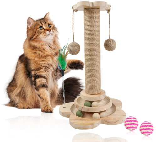 Kratzstamm, Hölzernes Katzenspielzeug, 5 in 1 Kratzbaum Klein mit Hängenden Ball & Feder, Natürlichem Sisalseil Katzenspielzeug, Katzenbaum Kratzsäule für kleine bis mittelgroße Katzen