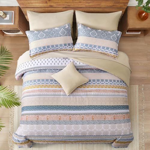 WONGS BEDDING Bohemian King Size Duvet Cover Set Beige Khaki Colorful Boho Striped Bedding Set with 2 Pillowcases Soft Microfiber Moroccan Quilt Cover 220x230cm