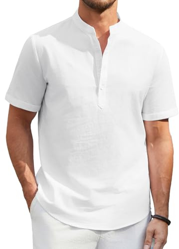 Enlision Camisa Lino Blanco Hombre Hombre Verano Sin Cuello Mao Camisa Verano para Hombres Casual Playa Camisetas con Botónes XL