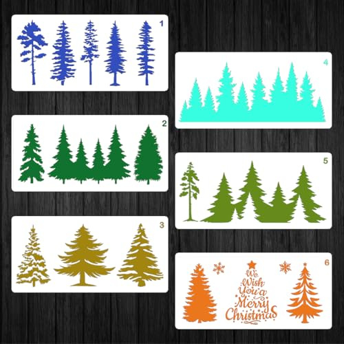 DeryArcle 6Stück Schablone Weihnachten, Kiefernmuster Malschablonen für Dekorative Wand, DIY Zeichenvorlage Weihnachtsbaum Kiefern schmücken Zeichenschablonen, Wiederverwendbar