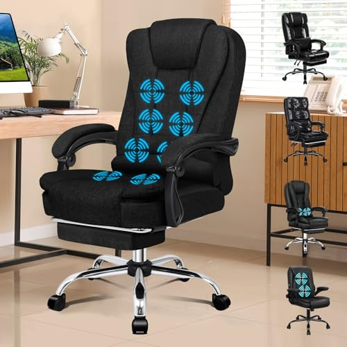 ALFORDSON Bürostuhl mit Massagefunktion, ergonomisches Design mit großer Sitzpolsterung, Lendenwirbelstütze, Rollen, für reibungslose Mobilität im Büro, Schwarz, Leinen Fabric