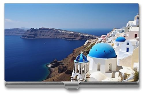 QMNVBDS Santorini Griechische Insel Meerblick Visitenkartenetui Slim Visitenkartenetui für Damen Herren Metall Visitenkartenbox Visitenkartenhalter für Tasche Geldbörse Kleine Visitenkartenetui