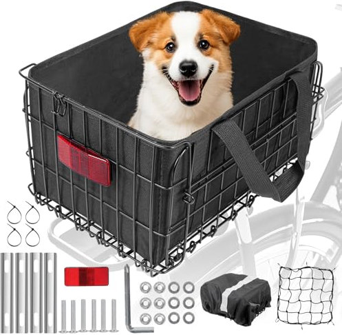 Rear Bike Basket, Heavy Duty Bike Basket with Foldable Design, 4mm Steel Frame, Waterproof Liner Bag & Cargo Net, Bike Basket for Groceries and Commuting, Fits Most Rear Bike Racks