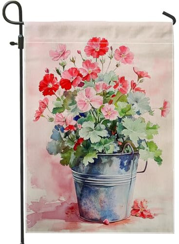 Bandiera da giardino con fiori primaverili ed estivi, con gerani di pesca in secchio blu, decorazione per esterni, bandiera da cortile in iuta su entrambi i lati, per la decorazione del prato