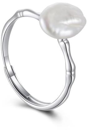 JaruJaru Sterling Silver Baroque Pearl Ring, S925 Hallmark, Adjustable Open Band Ring