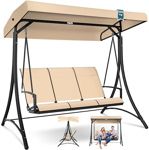 KESSER® Hollywoodschaukel mit Sonnendach 3-Sitzer | Gartenschaukel bis 300kg belastbar | Gartenliege mit Anti-Rutsch-Füßen | Schaukelbank wasserabweisend Outdoor & Indoor (Beige)