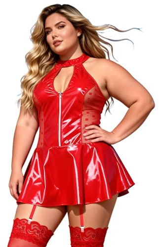 ohyeahlady Damen Lederkleid Sexy Lackleder Kleid Große Größen Wetlook Strapsen Dessous mit Reißverschluss Curvy Minikleid Kurz Dress Ärmellos Lackkleid für Mollige Frauen Lingerie Outfit Clubwear