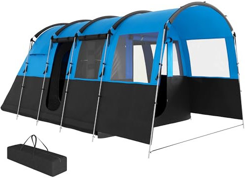 Outsunny 8-Person Camping Tent, 3000mm Waterproof Family Tent w/Bedroom, Living Room, Porch and Sewn-in Groundsheet, Tunnel Design, 4 Large Windows, Top Hook, Portable with Carry Bag, Blue