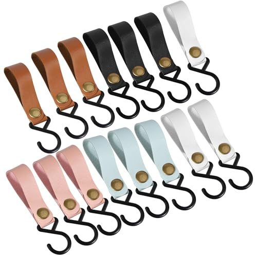 HO-SFSM 15 Stück S Haken mit Lederschlaufe, Haken für Kleiderstange für Kleiderstange, Camping, Garderobe, Küche und Bad (5 Farben)