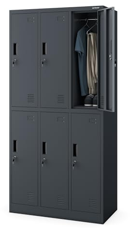 Jan Nowak Umkleideschrank Metall, Spindschrank mit 6 Fächern, abschließbar | Personalschrank mit 6 abschließbaren Abteilen, Kleiderstangen, Lüftung, Namensschildhaltern, Wandmontage, 185 x 90 x 45 cm