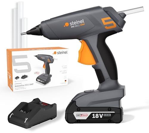 Steinel Pistola de pegamento caliente sin cable MobileGlue 5011 Set incl. batería de 2,0 Ah 18V Bosch AMPShare y barras de pegamento, 130°/200°C