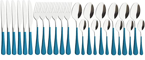 CVNIMV Ensemble de Couverts 24 pièces Bleu Or en Acier Inoxydable 18/10, Couteaux, fourchettes, cuillères, Couverts de Table Occidentaux (Bleu Argent)