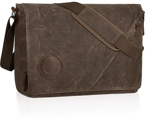 Eshow Bolsos Bandolera para Hombre, Bolso de Hombro Lona con Gran Capacidad, Mensajero Adecuado para Ordenador Portátil Trabajo Escuela Viaje Marrón 15.6 pulgadas