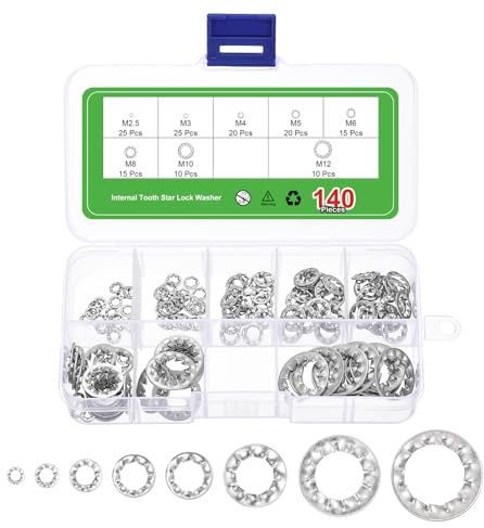 QUARKZMAN 140pcs Juego Arandelas Dientes Internos, 304 Acero Inoxidable Arandelas Bloqueo Dientes Anillos Bloqueo Rápidos Tuerca Estrella Sujetador Rápido