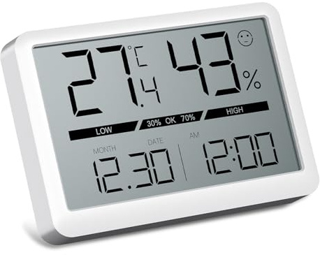 CHEREEKI Thermometre Interieur, Hygrometre Interieur, Thermometre Chambre Bebe avec Horloge, Moniteur de Température et d'Humidité Digital pour Maison, Serre, Bureau, Cave