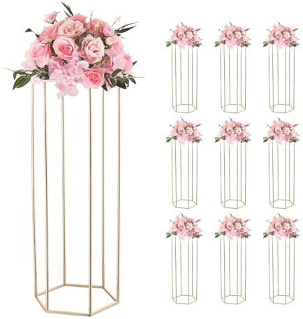 VEVOR Portafiori da Matrimonio 10 Pezzi da 80 cm, Cubico Esagonale con Laminato Acrilico, Espositore Floreale Cubico Cilindrico per Matrimoni, Feste, Compleanni, Casa, Centrotavola Oro Francese
