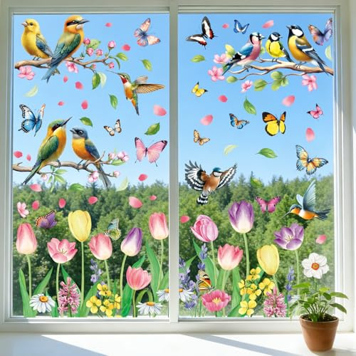 inreeme 9 Bögen Fensterbilder Frühling Selbstklebende Frühlingsdeko | Aquarell Fenstersticker Fensteraufkleber mit Blumen und Vögeln, Widerverwendbare Statische Fensterdeko für Frühling Sommer