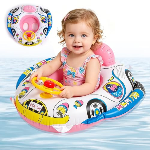 RNPKZ Baby Swimming Float, Kids Car Boat Swim Ring with Steering Wheel & Horn, Inflatable Baby Pool Float with Safety Bottom Support, for Toddlers Children Age of 3-36 Months and Swim Trainging (Pink)