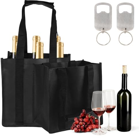CYIOU 2 Piezas Negro portabotellas 6 Compartimentos Bolsa Botella Vino con abrebotellas para Vino Cerveza Champán Bolsas de Bebidas (27x18x27 cm)