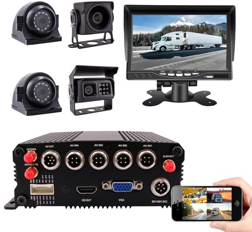 JOINLGO 4-CH 1080P AHD Mobile Vehicle Car DVR MDVR Video Recorder 4G GPS WIFI Kit Real-time Monitor on PC Phone with 4 Metal Side Front Rear View Backup Car Cameras 7 Monitor for Truck Bus Van RV
