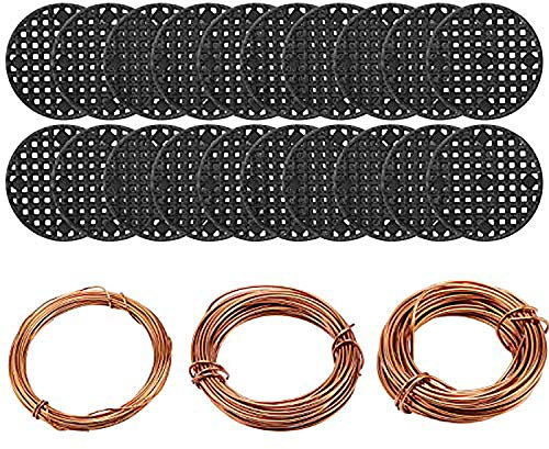 DesignerBox Bonsai Tool Set, 30M Aluminium Bonsai Training Wire Line 3-Sizes (1.0mm/1.5mm/2.0mm) and 20 Pcs Flower Pot Hole Mesh Pad (4.5cm/1.8 inches) for Outdoor Plant Pot & DIY Hanging Art Crafts