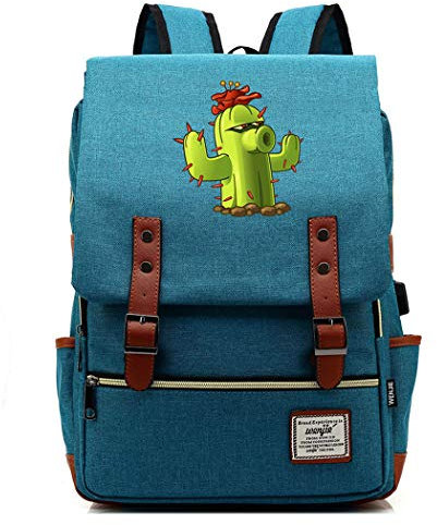 WANHONGYUE Plants vs. Zombies Spiel Schulrucksack Schulranzen Studententasche Vintage Backpack 15,6 Zoll Laptop Rucksack mit USB-Ladeanschluss Deep Sky Blue / 2