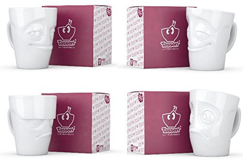 FIFTYEIGHT PRODUCTS 4er Henkeltassen Set | grummelig | verschmitzt | vergnügt | verdutzt | Henkelbecher | weiß | ca. 350 ml