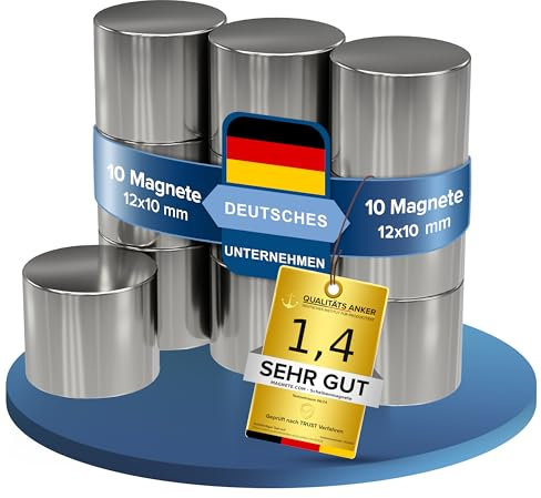 10x Neodym Power Magnet silber: Scheibenmagnet extra stark rund - Durchmesser 12x10mm hoch - starke Magneten Supermagnet - Haftkraft ca. 5kg - Magnete für Whiteboard, Pinnwand, Magnettafel, Werkstatt