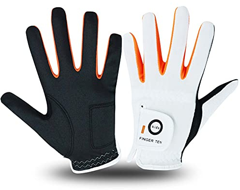 FINGER TEN Golf Gloves Kids All Weather Soft for Left and Right Hand Rain Grip Breathable Value Pair, Golf Gloves for Girls Boys Wear-Resistant Non Slip Comfortable (White/Black, Small)