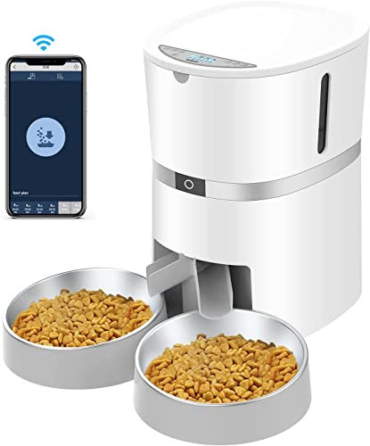 WellToBe Smart Futterautomat Katze & Hund, WiFi Automatischer Futterspender für 2 Katze, Pet Feeder mit Timer, Ton-Aufnahmefunktion, App-Steuerung, Portion Steuerung, zu 6 Mahlzeiten am Tag (Weiß)