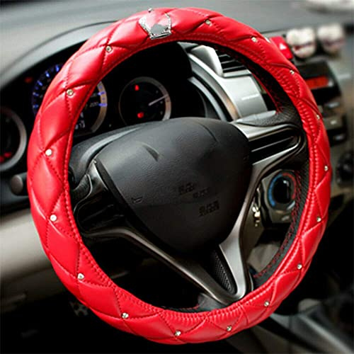 Uposao Strass Auto Lenkradbezug, Universal 38cm 15 Auto Lenkradhülle mit Krone Bling Bling Glitzer Kristall Diamant Anti Rutsch Microfiber Leder Lenkradbezug Lenkradschoner für Damen Mädchen,Rot