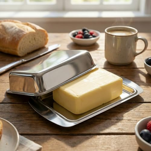 MIJOMA Butterdose Edelstahl mit Deckel – Hygienische Butterbox für 250g – Kühlschrankdose, Servierplatte aus rostfreiem Stahl – Spülmaschinenfest – Zeitloses Design