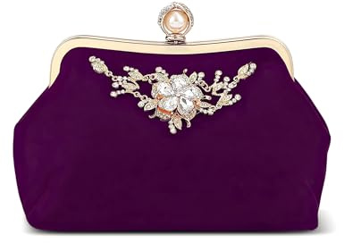 DIRRONA Elegante Bolso de Mano para Mujer Exquisito Bolsa de Cena Bolso de Boda Boda Pequeña Bolsa de Embrague Decoración de Flores de Diamantes de Imitación Bolsa de Embrague Púrpura