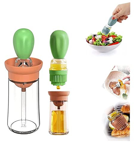 FUFRE Botella de aceite, cepillo para botellas de aceite, botella de aceite con brocha de silicona, 180 ml, impermeable, dispensador de aceite para casa, cocina, barbacoa, naranja y verde