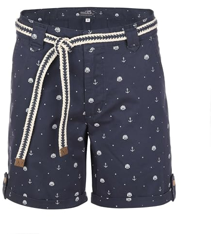 modAS Damen Bermuda Shorts mit Flechtgürtel Maritim - Damenshorts Kurze Hose mit Muschel-Anker-Print in Marine Blau Größe S